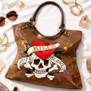 Ed Hardy Love Kills Slowly Tattoo Art Tote Bag Vintage Y2K Skull Heart